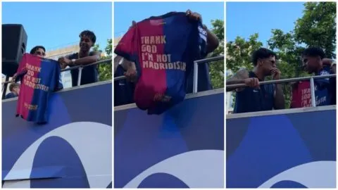 La camiseta de Lamine Yamal en el desfile de campeonato del Barcelona: “Gracias a Dios no soy madridista”