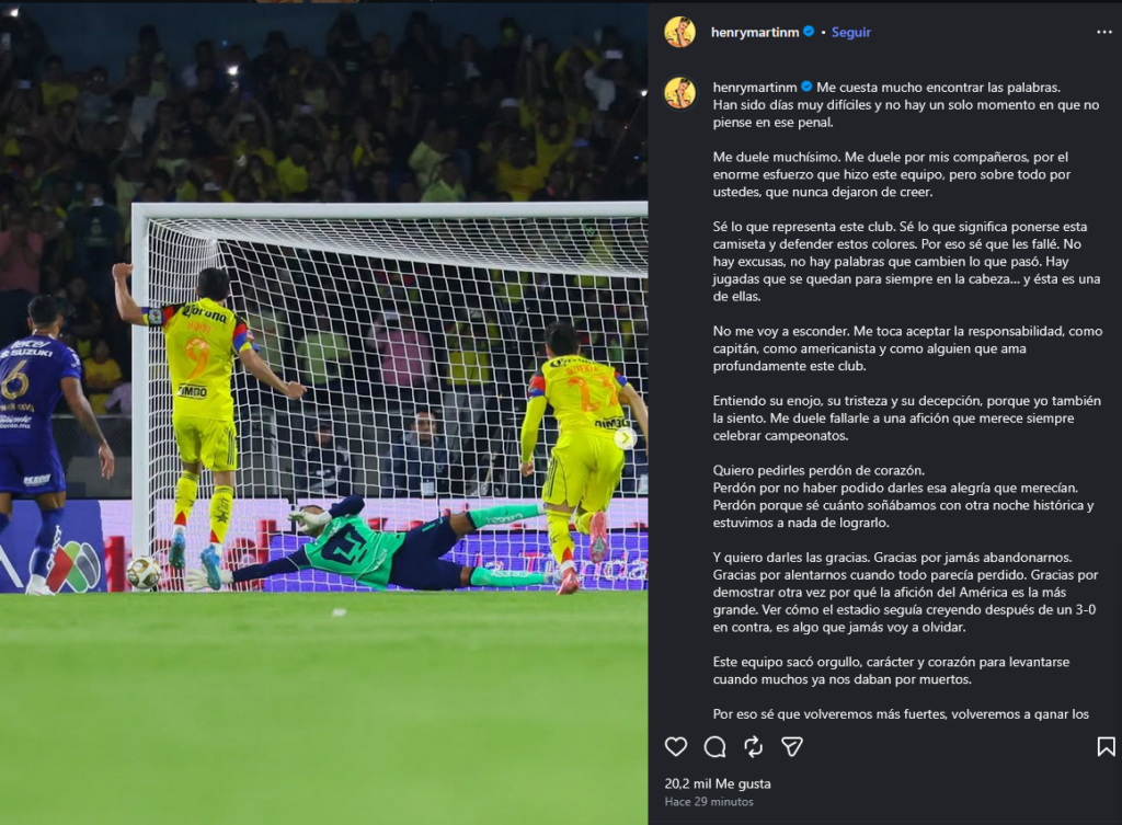Henry Martín se disculpa tras la eliminación. Foto Instagram: @henrymartinm