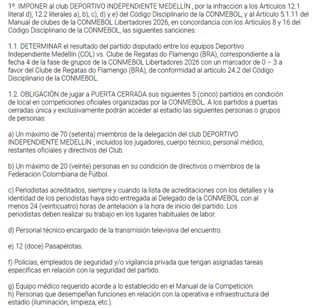 Resolución de la Conmebol para el caso del Independiente Medellín vs Flamengo