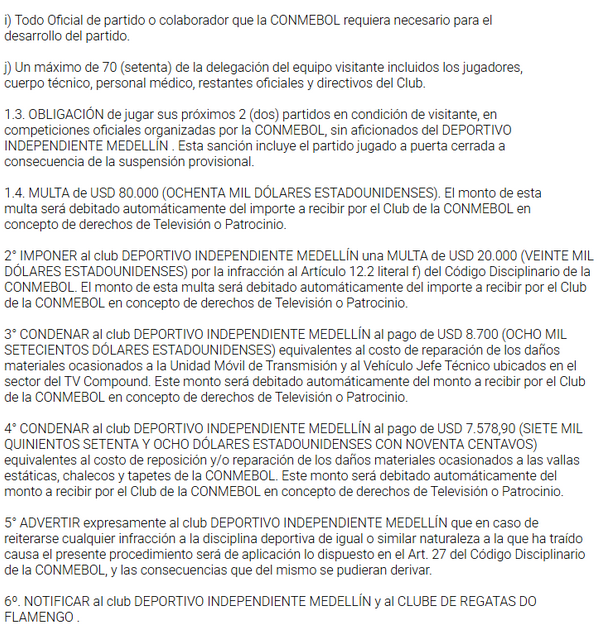 Resolución de la Conmebol para lo ocurrido entre DIM y Flamengo