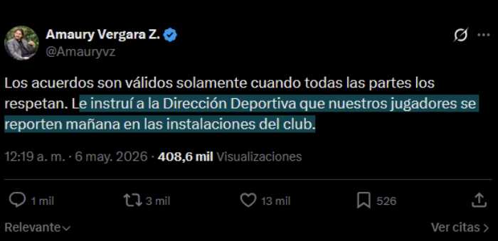 Respuesta de Amaury Vergara. Foto X: @Amauryvz