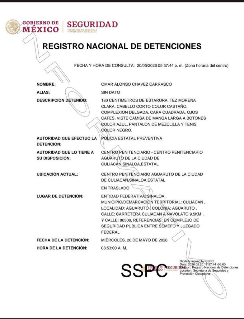 Sin darse mayores detalles sobre su detención, su ficha la luce en el Registro Nacional de Detenciones