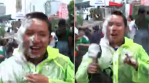 Le repiten la dosis: reportero de Claro Sports termina cubierto de espuma previo al México vs Corea