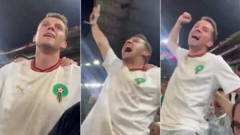 ¡Eufórico! Oussama Idrissi festeja el triunfo de Marruecos ante Países Bajos desde la tribuna en Monterrey