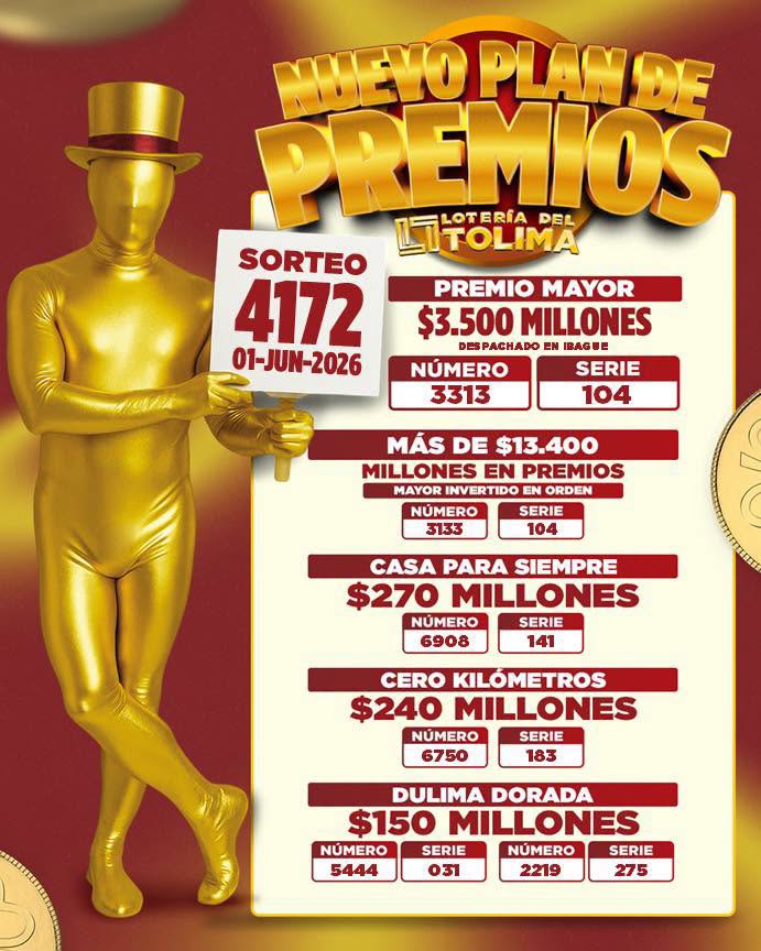 Lotería del Tolima el 1 de junio