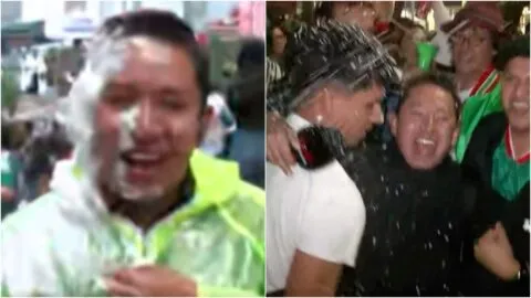 Le repiten la dosis: reportero de Claro Sports termina cubierto de espuma y lanzado al aire tras el México vs Corea