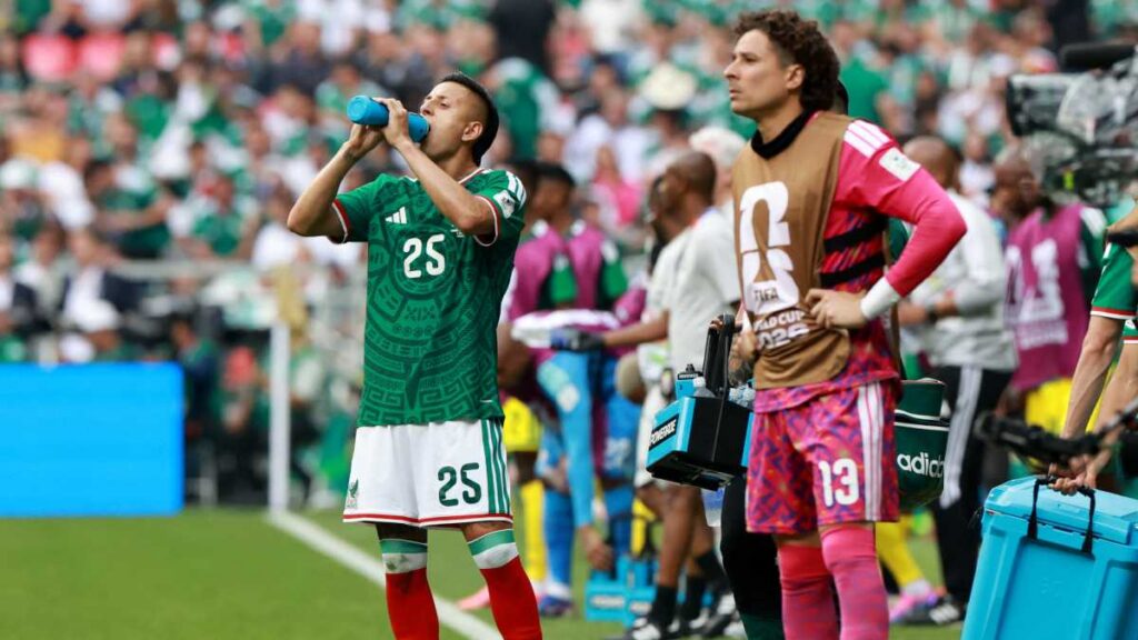 Memo Ochoa y Roberto Alvarado durante el México vs Sudáfrica