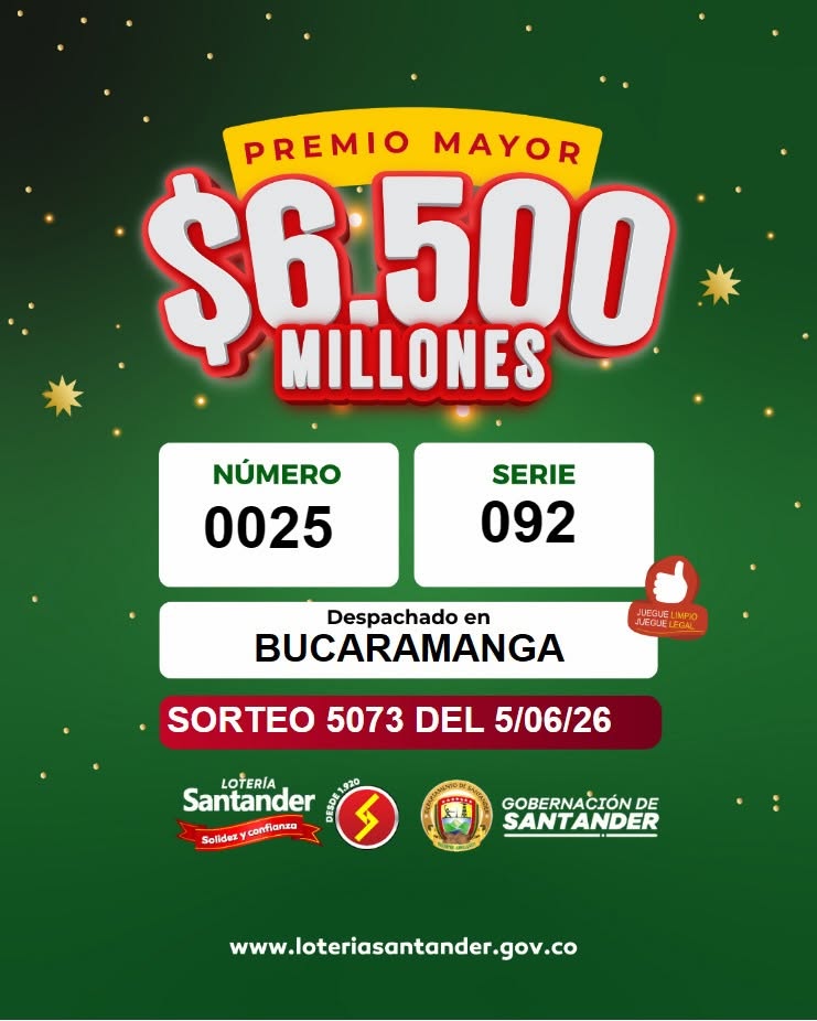Sorteo Lotería de Santander 5 de junio 2026