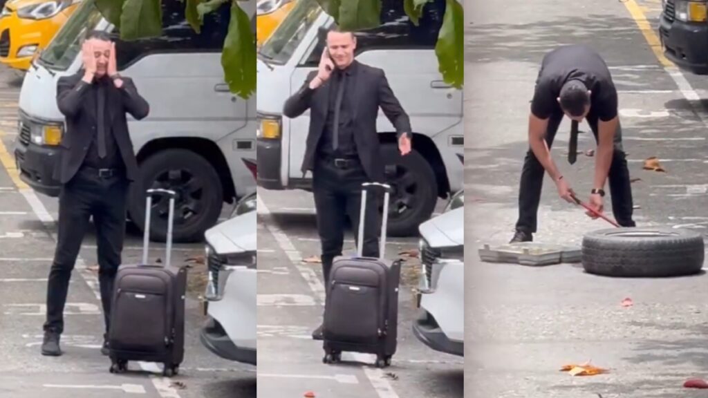Wilmar Roldán despinchando una llanta