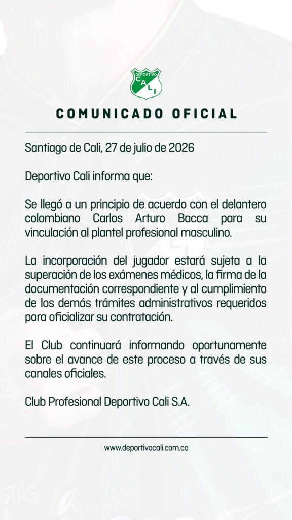 Deportivo Cali comunicó que tiene un acuerdo con Carlos Bacca