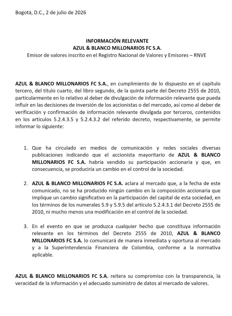 Comunicado de Azul & Blanco S.A. - Imagen proporcionada.