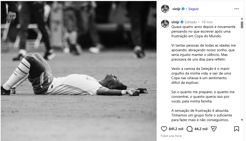La publicación de Vinicius en Instagram tras la eliminación de Brasil en octavos del Mundial