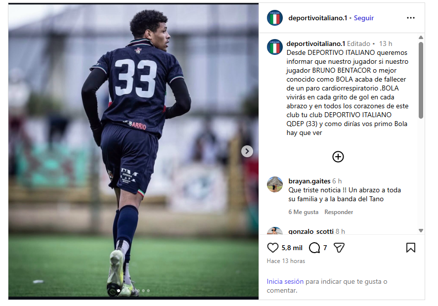 Deportivo Italiano anuncia el fallecimiento de Bruno Betancor