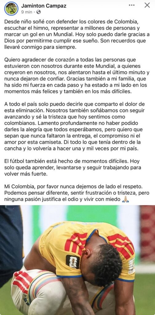 El mensaje de Jáminton Campaz tras la eliminación de Colombia