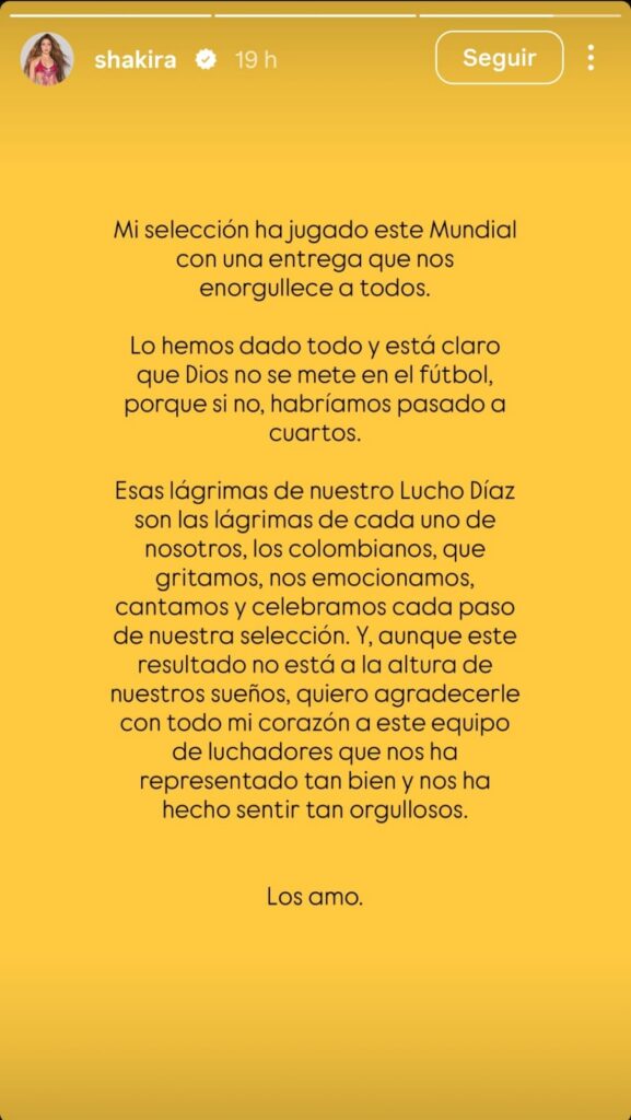 Mensaje de Shakira a la Selección Colombia