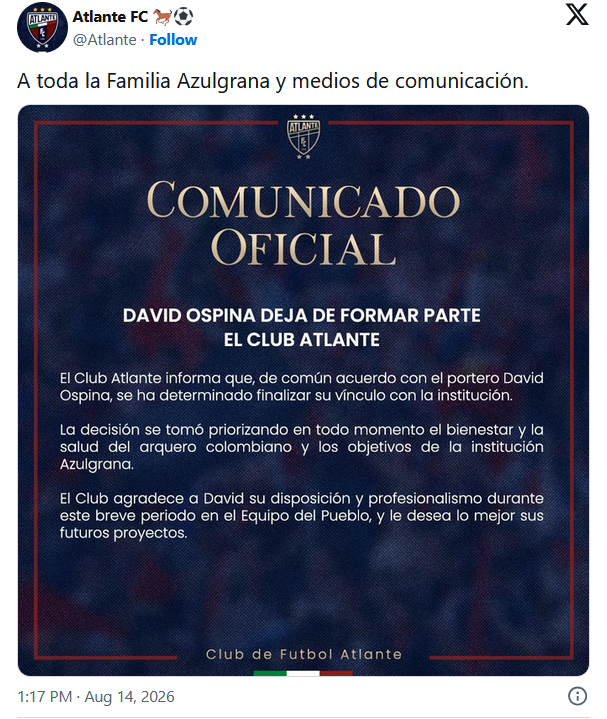 Atlante anuncia la salida de David Ospina, pero se retracta y su situación se mantiene en pausa