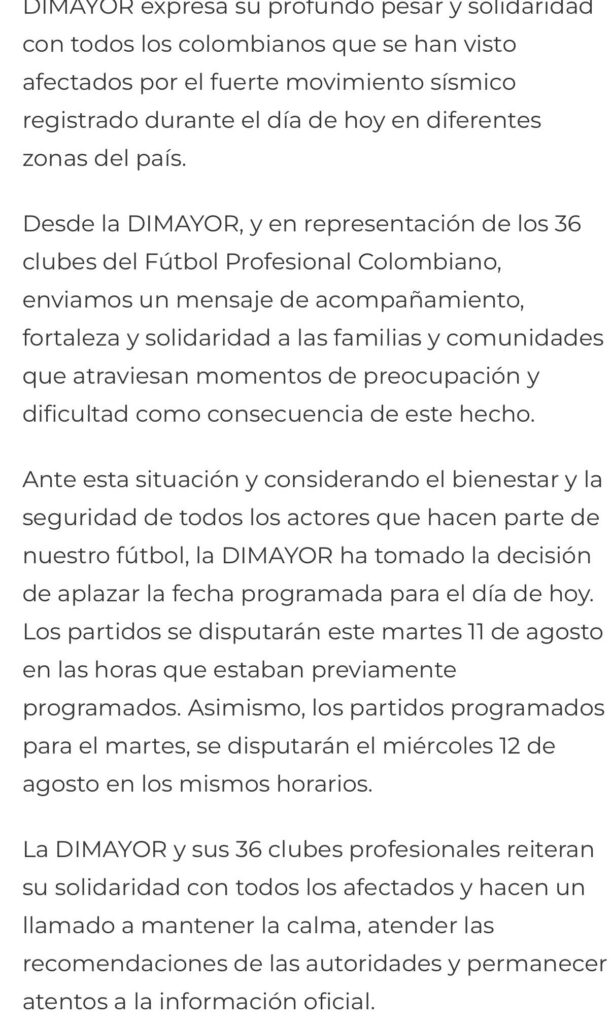Comunicado de Dimayor aplazando los partidos del lunes 10 de agosto por el terremoto