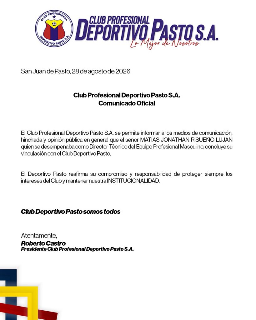 Comunicado del Deportivo Pasto sobre la salida de Jonathan Risueño