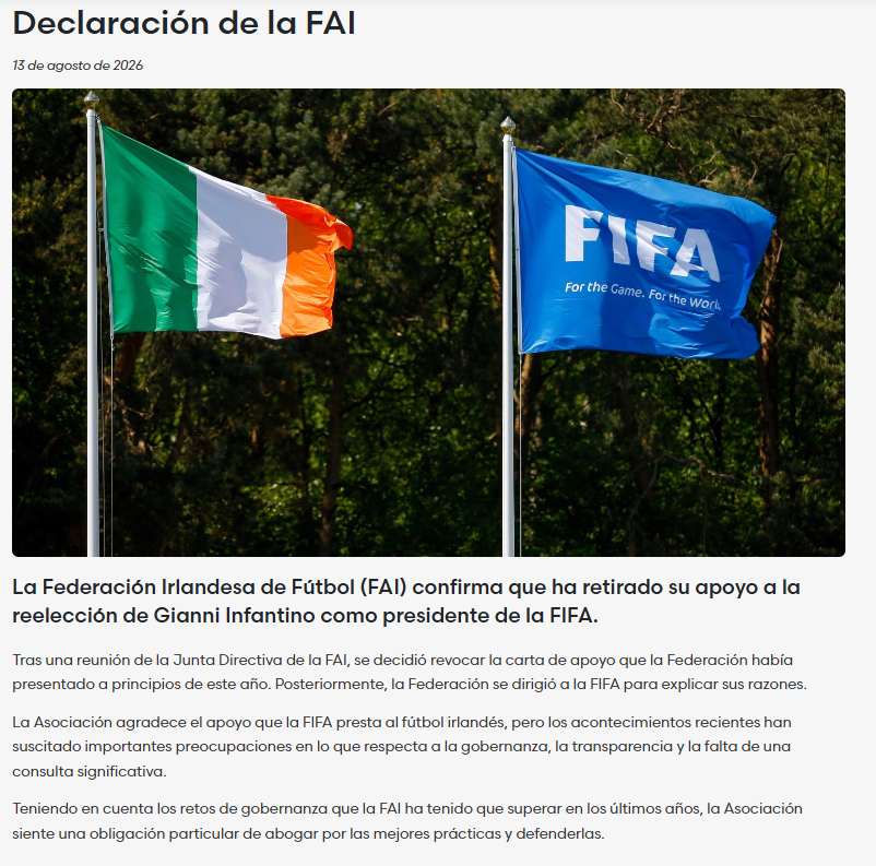 Irlanda retira su apoyo a Gianni Infantino