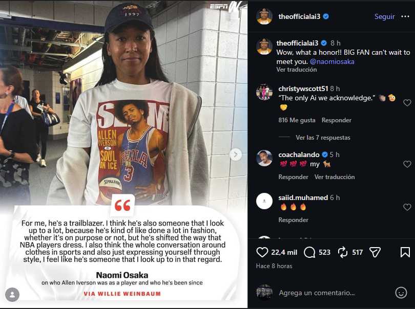 Allen Iverson responde al homenaje de Naomi Osaka. Foto Instagram: @theofficialai3
