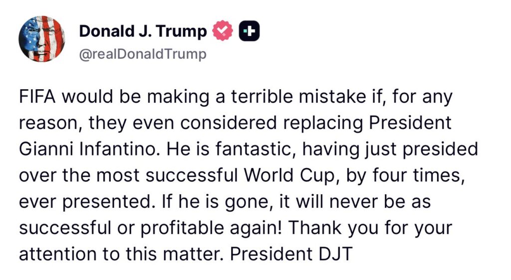 Trump sale en defensa de Infantino: "La FIFA cometería un terrible error si considerara reemplazar al presidente”