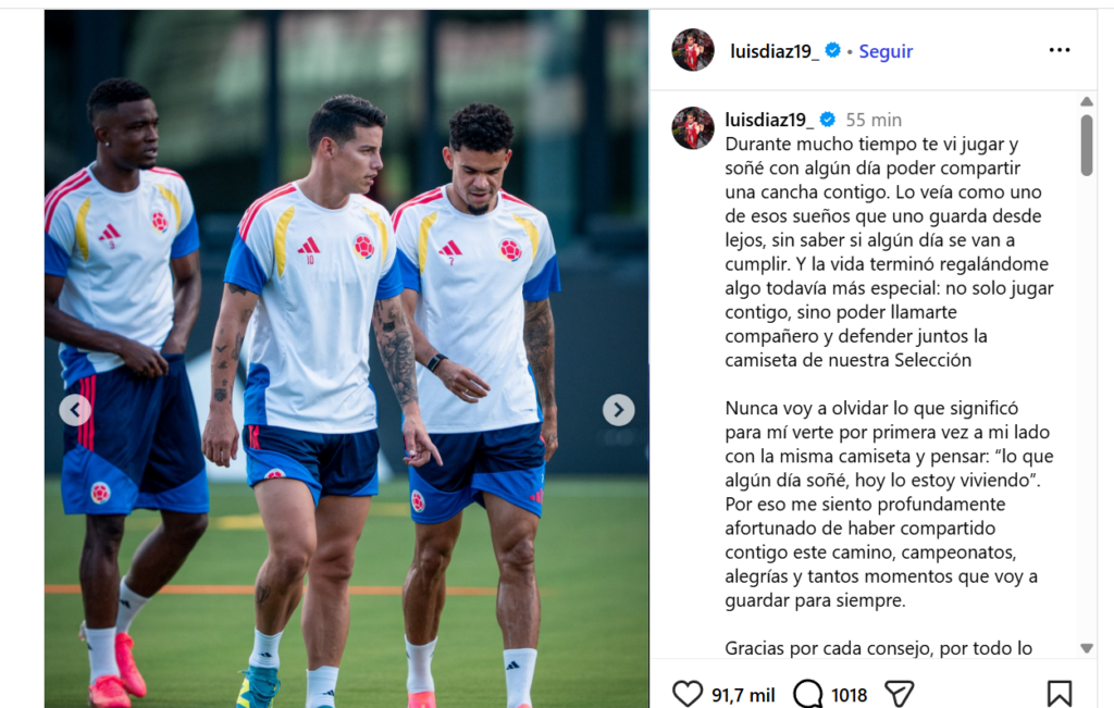 Instagram de Luis Díaz con James Rodríguez.