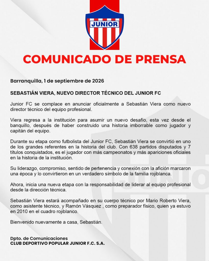 Comunicado sobre Sebastián Viera. - @JuniorClubSA.