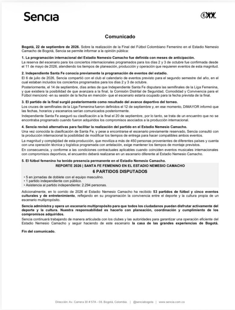 Comunicado final de Sencia sobre la inhabilitación de El Campín
