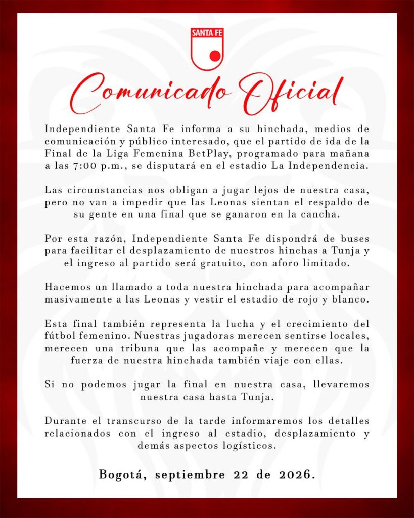 Comunicado final sobre la localía de Santa Fe en Tunja para la Liga Femenina