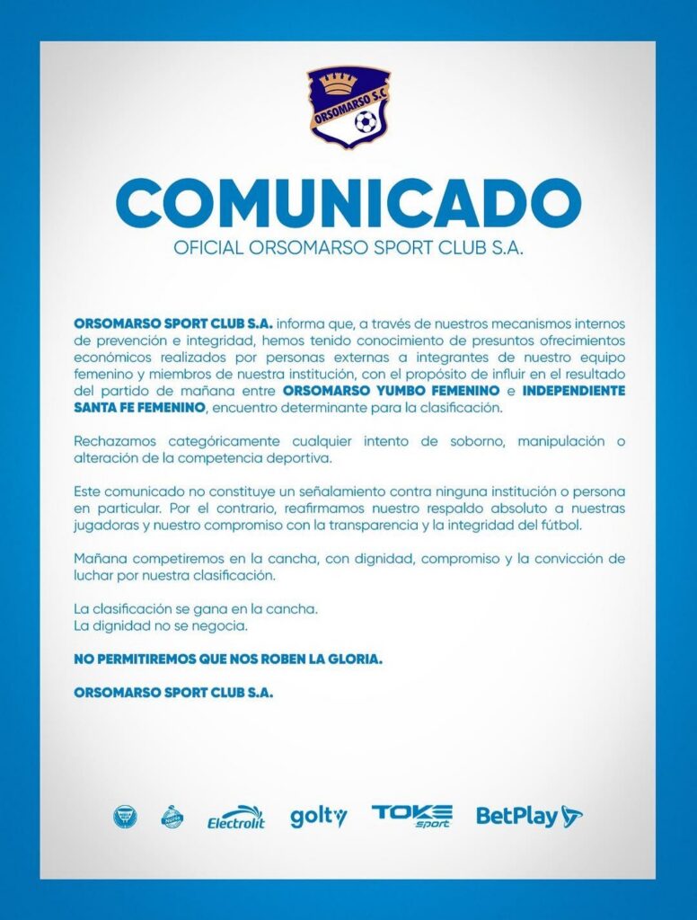 Comunicado de Orsomarso sobre ofrecimientos económicos