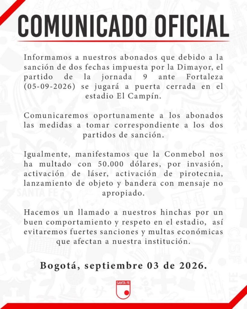 Comunicado sobre la multa impuesta por Conmebol a Santa Fe