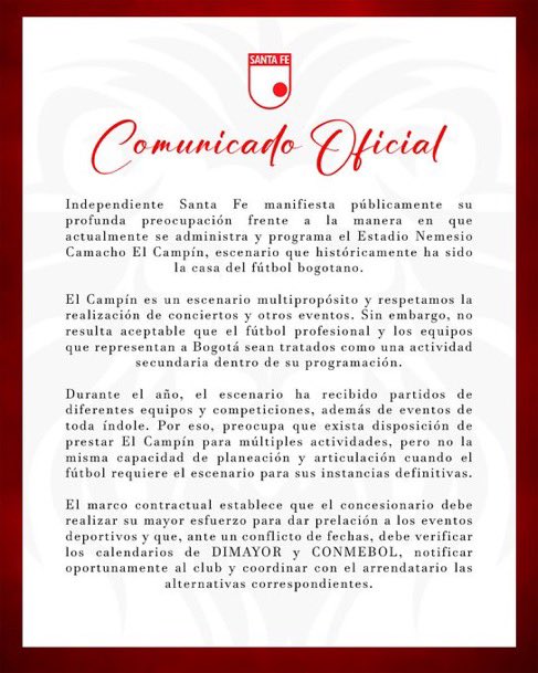 Comunicado de Santa Fe sobre la imposibilidad de jugar en El Campín la final ida de la Liga Femenina