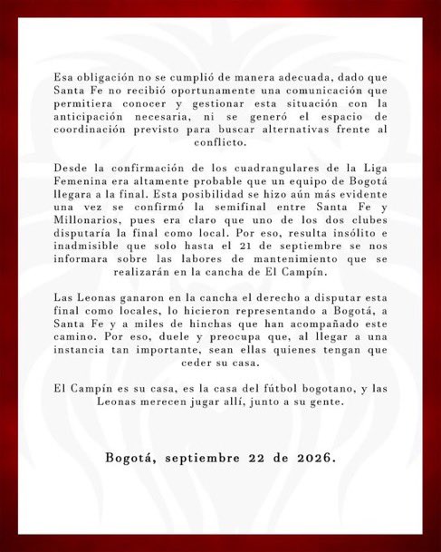 Pronunciamiento de Santa Fe sobre el uso de El Campín