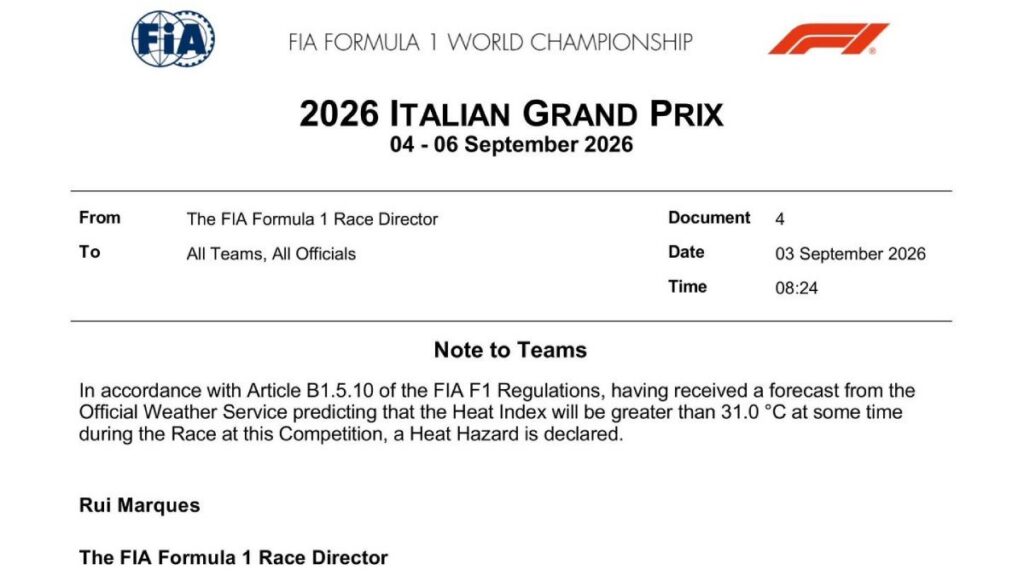 FIA emite alerta por calor para Italia