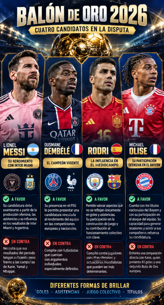 Analizamos a siete candidatos al Balón de Oro 2026: Yamal, Kane, Mbappé, Messi, Dembélé, Rodri y Olise. ¿Quién ganará el trofeo?