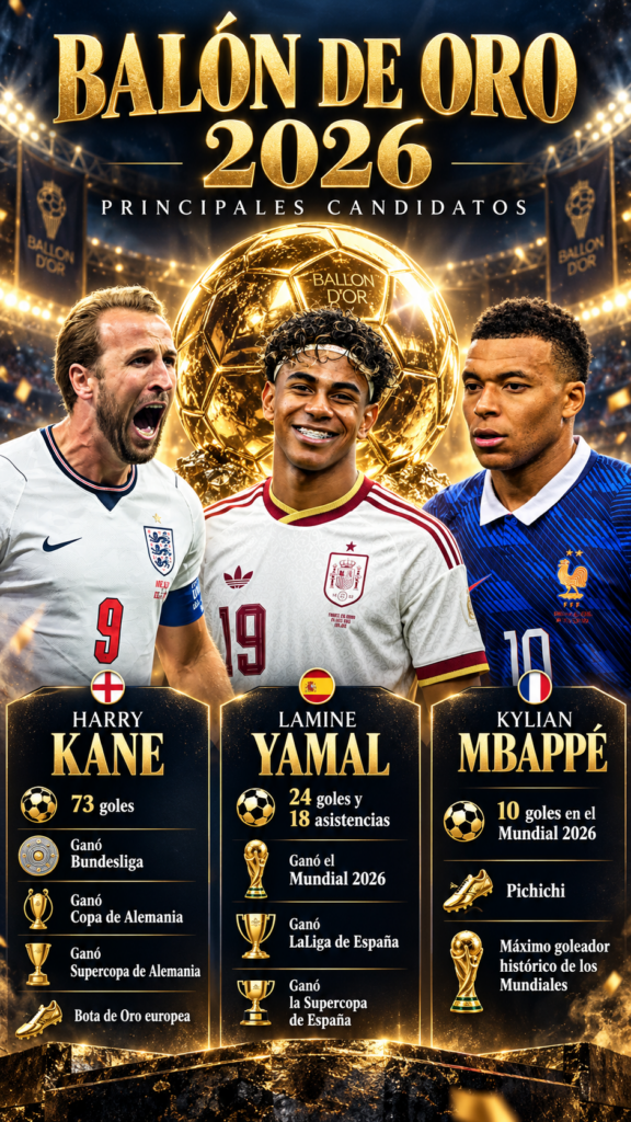 Analizamos a siete candidatos al Balón de Oro 2026: Yamal, Kane, Mbappé, Messi, Dembélé, Rodri y Olise. ¿Quién ganará el trofeo?