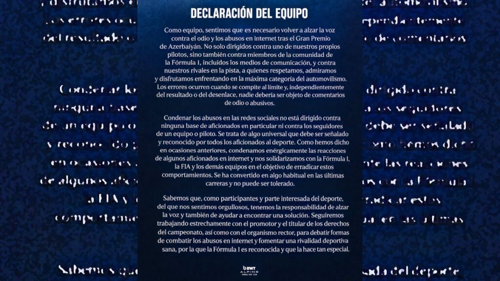 ¿Cómo respondió Alpine al odio en redes sociales contra pilotos y miembros del equipo?