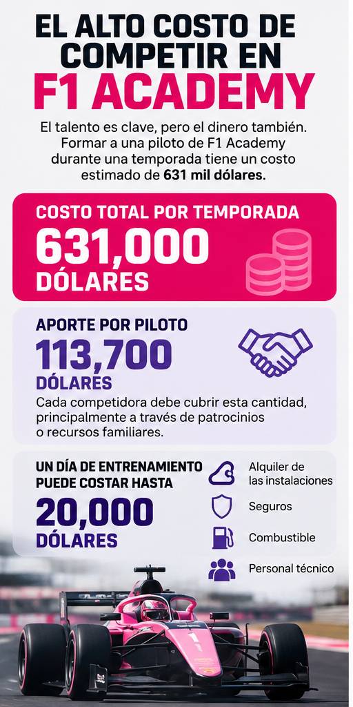 Competir en la F1 Academy implica una importante inversión económica, con costos estimados de hasta 631 mil dólares por temporada. Claro Sports