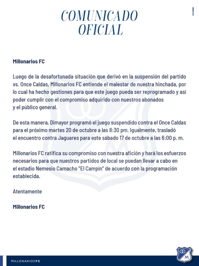 Comunicado de Millonarios. - @MillosFCoficial.