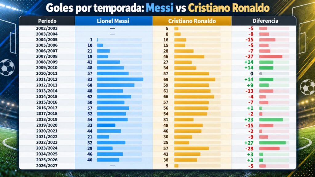 ¿Cuántos goles por temporada llevan Messi y Cristiano Ronaldo?