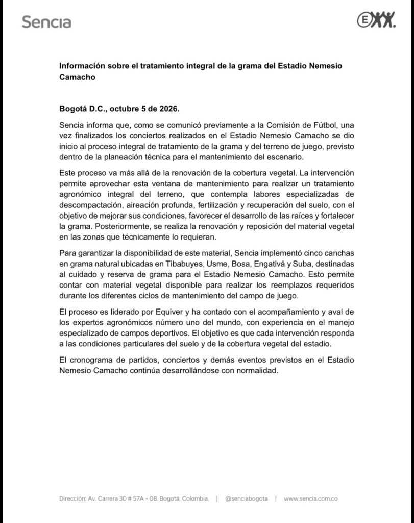 Comunicado Sencia sobre el estado de El Campín.