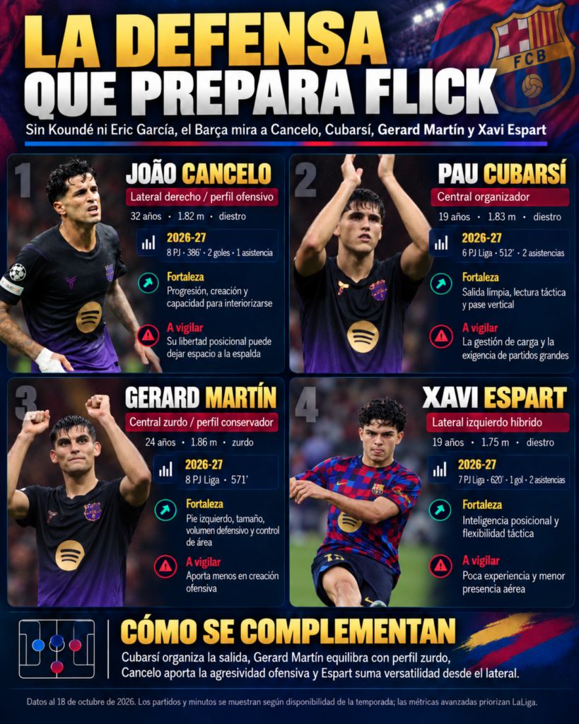Barcelona enfrenta un reto defensivo tras las lesiones de Eric Garcia y Koundé antes de los duelos contra PSG y Real Madrid.