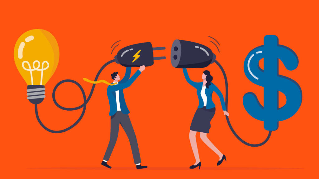 Electricidad calor: ilustración de hombre y mujer uniendo una clavija y un conector eléctrico