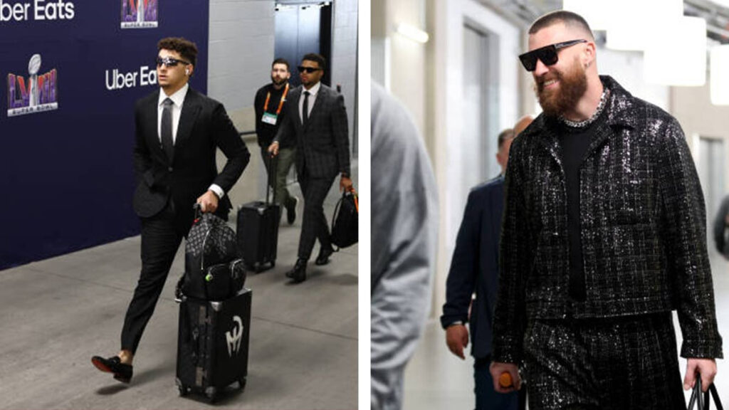 Outfits de Travis Kelce y Patrick Mahomes a su llegada al Super Bowl 2024