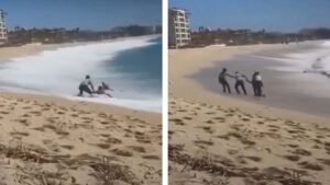 ¡Cuidado! Rescatan a adultos mayores, se los llevaba la ola en Baja California Sur