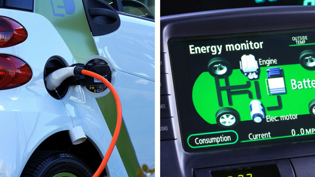 Composición de dos autos eléctricos e híbridos cargándose y con la pantalla mostrando la carga