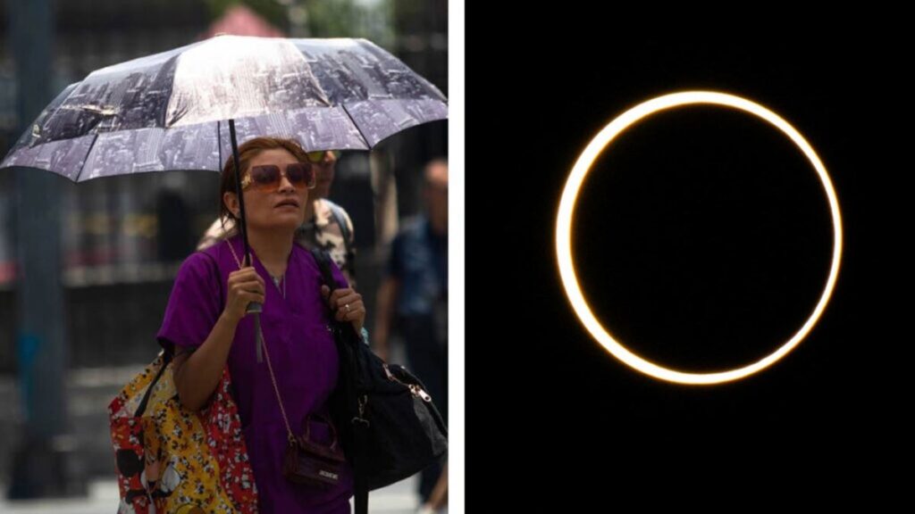 Composición de una mujer cuidándose de las lluvias bajo un paraguas y el eclipse solar a un lado