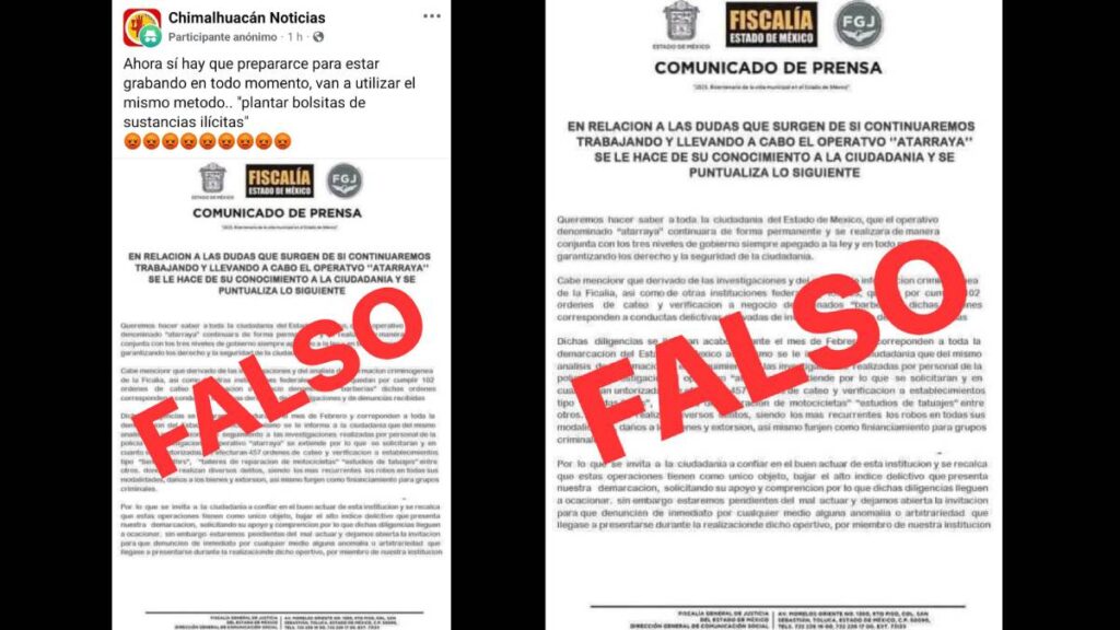 Fiscalía Edomex alerta por comunicado de operativo Atarraya falso.