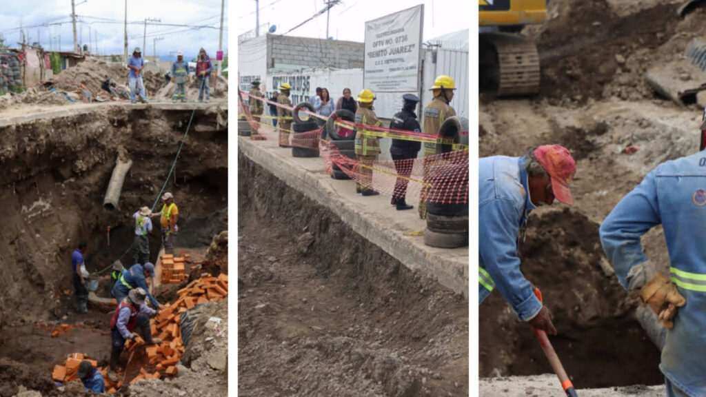 Socavón afecta escuela Benito Juárez en Chimalhuacán.