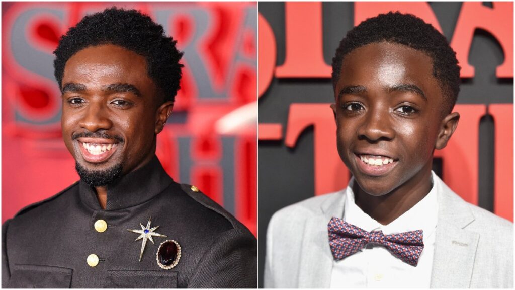 Caleb McLaughlin en la premier de Stranger Things, de niño y adulto.